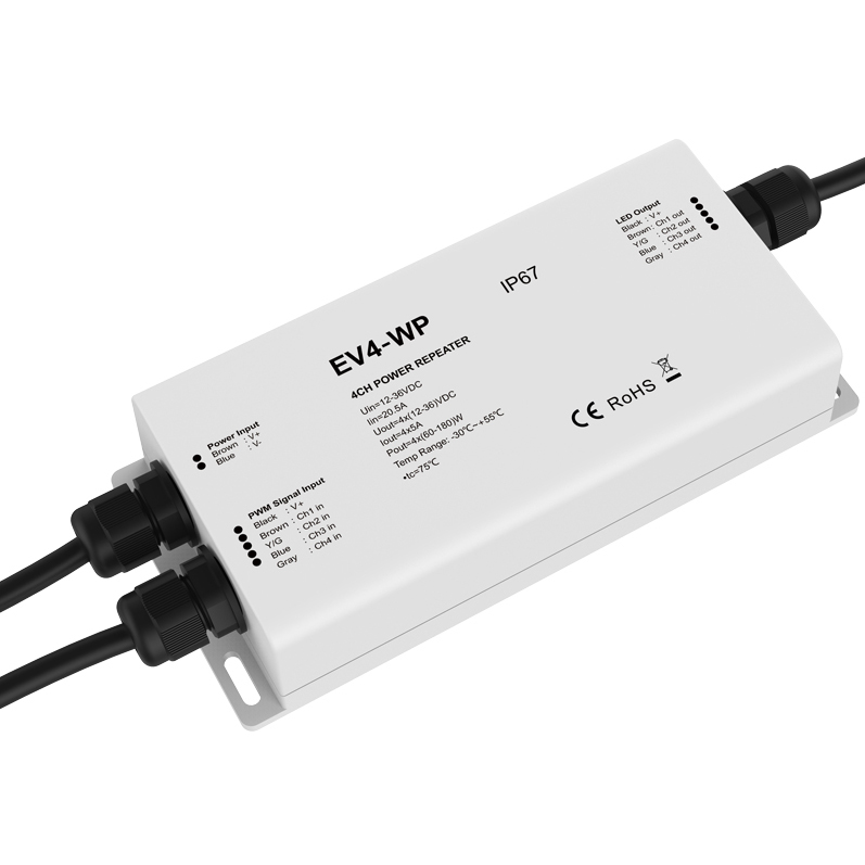 DC12~36V 4 Channel RGB/RGBW Constant Voltage IP67 LED Waterproof Power Repeater Amplifier EV4-WP DC12~36V 4 Channel RGB/RGBW Constant Voltage IP67 LED Waterproof Power Repeater Amplifier EV4-WP